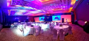 Ballroom in purple and pink wash, Venue set-ups, 2023, organised by OM Events