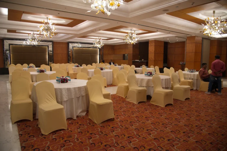 Banquet hall laid for a gala dinner, Venue set-ups, 2023, organised by OM Events