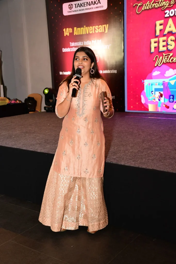 Emcee hosting the evening, Takenaka India 14th anniversary Family Festival, 2024, organised by OM Events