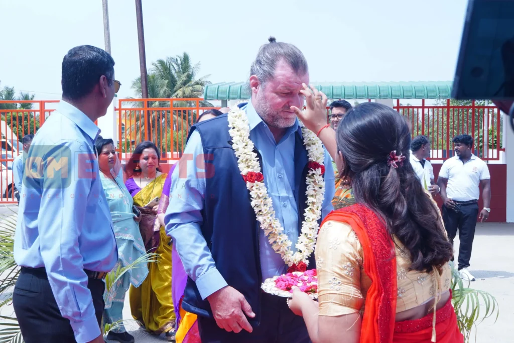 Garland and aarti welcome for a visiting director at the Stulz Chennai factory inauguration, 2026