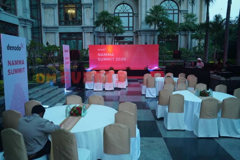 Namma Summit stage and lounge seating on the hotel lawn, Denodo Namma Summit, 2026, organised by OM Events