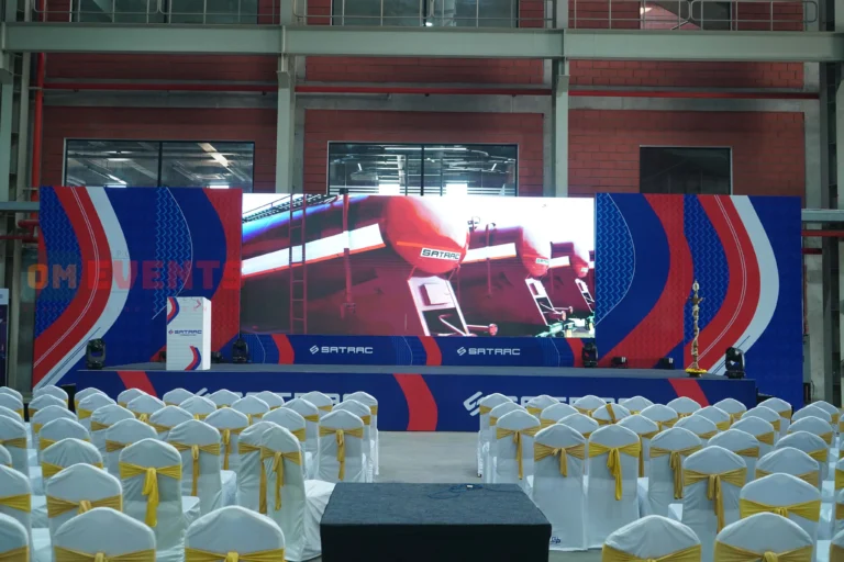 LED stage and seating on the plant floor, Satrac plant inauguration, 2026, organised by OM Events